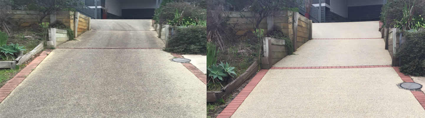Concrete slab driveway pressure washing before and after results